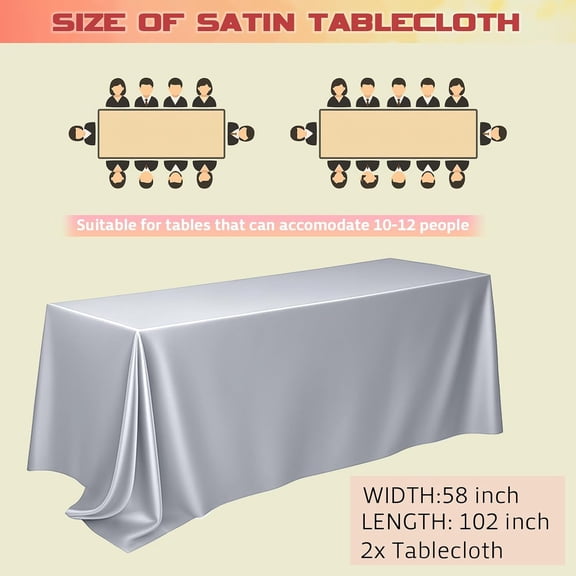 BDIUA-2 Pack Satin Tablecloth 100% Polyester 102x58 Inch Silver Gray Table Cloth Rectangular Table Cover for Wedding Party Banquet Dining Room Decor