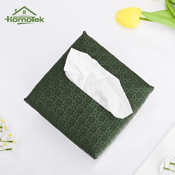 BDIUA-2 Pack Tissue Box Cover, Square PU Leather Tissue Holder, Decorative Facial Tissue Cube Paper Organizer Dispenser for Bathroom, Night Stands, Desk, Car 5X5X5'' - Rattan Weave,Emerald Green