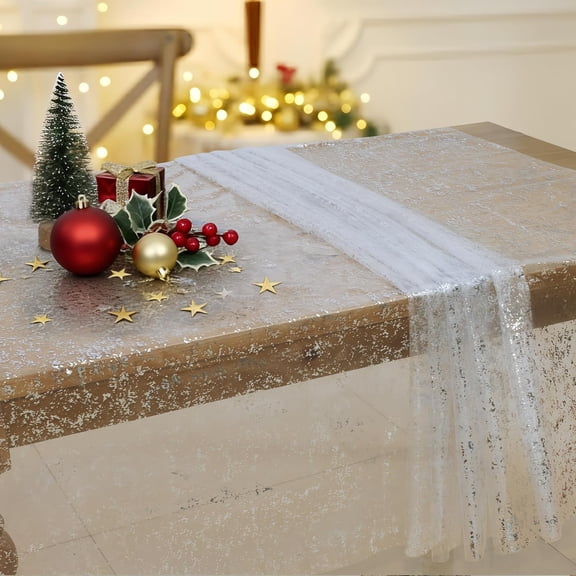BDIUA-2 Pack White Rectangular Gauze Tablecloth 58x84 Inch, Glitter Tulle Tablecloth with Silver Metallic Foil, Sparkle Sheer Table Cloth for Wedding, Birthday Party, Holiday Table Decor