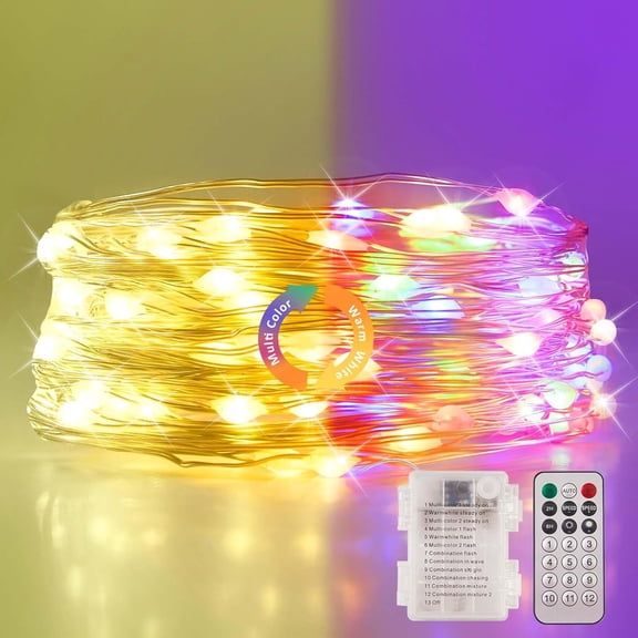 BDIUA-2 Packs Warm White & Multi-Color Battery Operated String Lights, 5M/16.4ft. 50 LEDs Remote Control Timer 12 Modes Optional Twinkle Battery Powered Fairy Lights Sliver Wire Firefly Lights