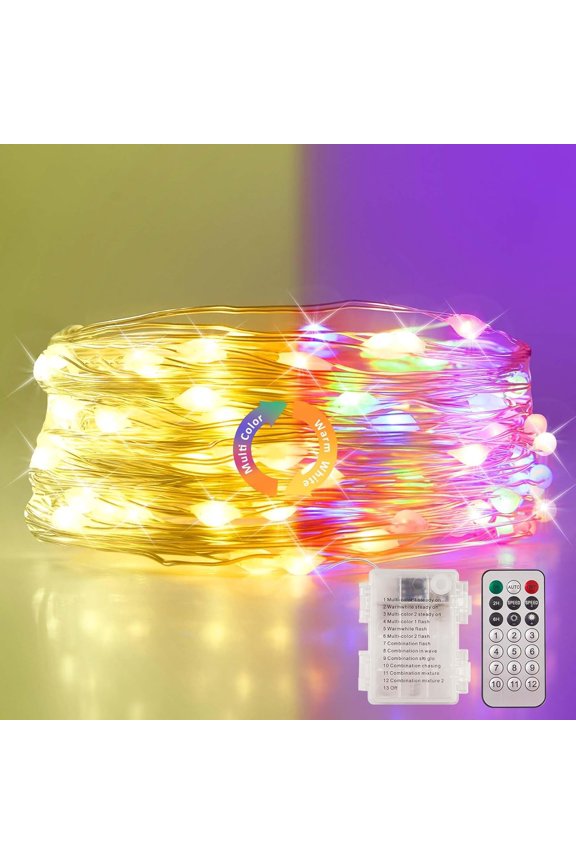 -2 Packs Warm White & Multi-Color Battery Operated String Lights, 5M/16.4ft. 50 LEDs Remote Control Timer 12 Modes Optional Twinkle Battery Powered Fairy Lights Sliver Wire Firefly Lights