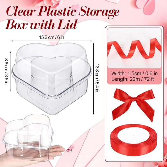 BDIUA-2 Pcs Valentine's Day Heart Shaped Plastic Container 5.4" W x 3.5" H Clear Double-heart Box with Lid Valentine's Plastic Storage Box with Ribbon for Packaging Candies, Dessert, Snack
