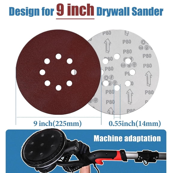 BDIUA-20 PCS 9 Inch 8 Hole Sanding Discs for Drywall Sander, 220 Grit Hook and Loop Sandpaper, Round Sanding Sheets for Wall Refinishing, Woodworking, and Popcorn Ceiling Removing