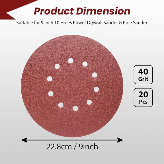 BDIUA-20Pcs 9 Inch 10 Holes Sanding Discs 40 Grit Sander Pad Flocked Aluminum Oxide Hook and Loop Adhesive Sandpaper for Random Orbital Sander Used for Stone Metal Wood Floor Paint and Plastic