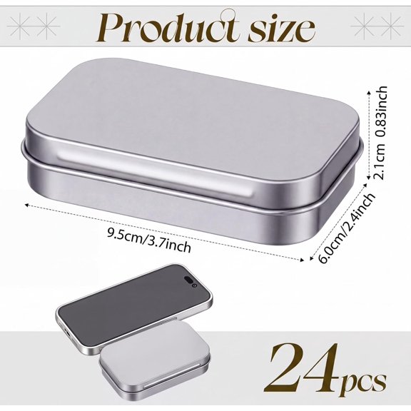 BDIUA-24 Pack Metal Rectangular Empty Hinged Tins 3.75 x 2.45 x 0.8 Inch Box Containers with Lids Mini Portable Box Small Storage Kit, Home Organizer (Silver)
