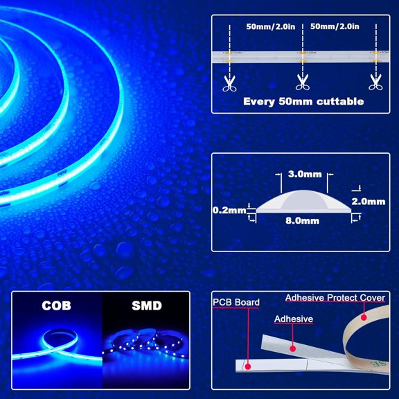 BDIUA-24V COB LED Strip Light Blue Waterproof IP65 16.4ft/5M Dotless 480LED/M 2400LEDs Cuttable Flexible LED Tape Light for Cabinet Home DIY Lighting Projects