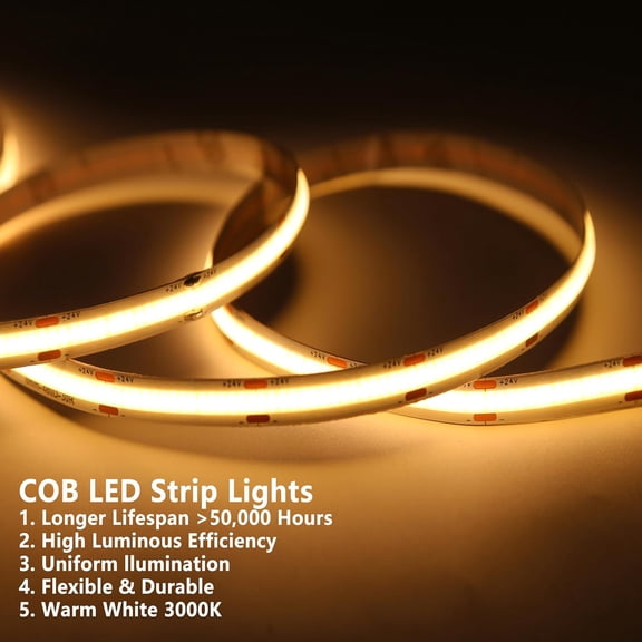 BDIUA-24V COB LED Strip Light Warm White 3000K IP20 Uniform Light Emitting 480LEDs/M 16.4FT/5M CRI90 Flexible Can be Cropped LED Light Strip Cabinet Home DIY Lighting Projects (Warm White 3000K)