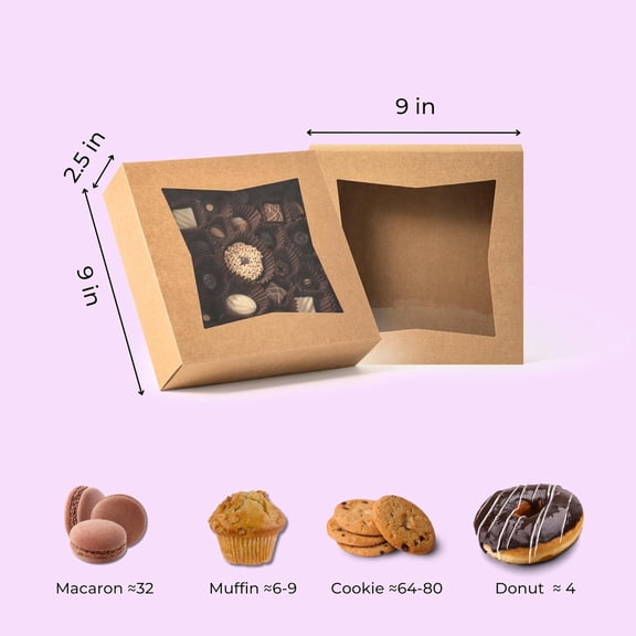 BDIUA-25 Pack 9 x 9 x 2.5 Inches Pie Boxes with Window, Square Kraft Pastry Boxes, Auto Pop-up Brown Boxes for Cookies, Cakes, Muffins, Dessert