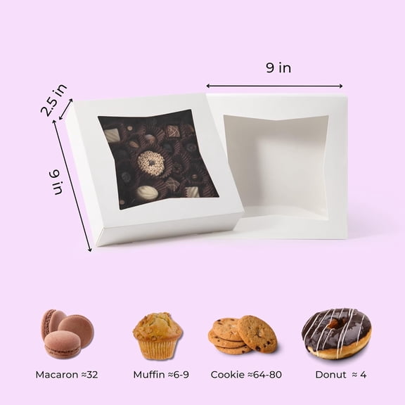 BDIUA-[25 Pack] Pie Boxes with Window 9x9x2.5 White Pastry Boxes Auto Pop-up Bakery Containers for Dessert, Cookies, Cheesecake Treat Box for Packaging