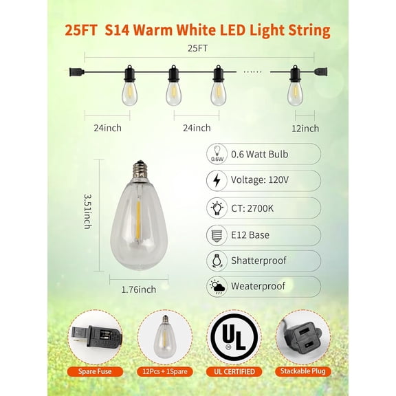 BDIUA-25FT LED Outdoor String Lights - 12+1 Shatterproof Vintage Edison Bulbs | IP44 Weatherproof | Plug in Cafe Patio Lights for Balcony, Porch, Deck & Cozy Bistro Ambiance (2700K Warm White)