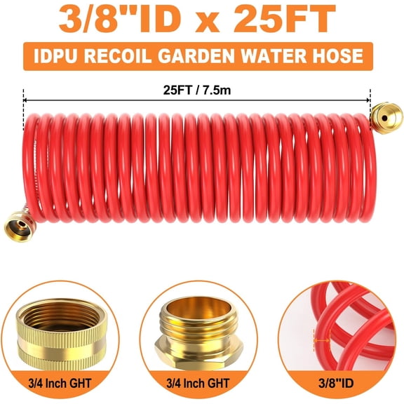 BDIUA-25FT PU Recoil Garden Water Hose With 3/4"Inch Brass Fittings Retractable, Swivel Female For Boating, Pool & Spa, RV, Home And Garden(Red)