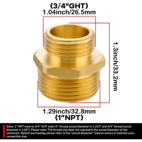 BDIUA-3/4 GHT Male x 1 NPT Male Connector, Brass Garden Hose Fitting Adapter, Industrial Metal Brass Garden Hose to Pipe Fittings Connect (2 Pack)
