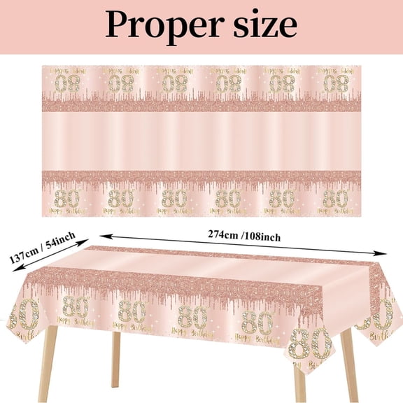 BDIUA-3 Pack 80th Birthday Tablecloth Decorations, Pink Rose Gold Happy 80 Birthday Table Cover, Plastic Disposable Rectangular Table Cloth Decor