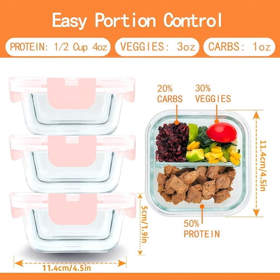 BDIUA-3 Pack Bariatric Meal Prep Containers, 8 oz Bariatric Portion Control Food Storage Containers with Two 4 oz Compartments, Reusable Glass Snack Containers with BPA Free Airtight Lids (Pink)