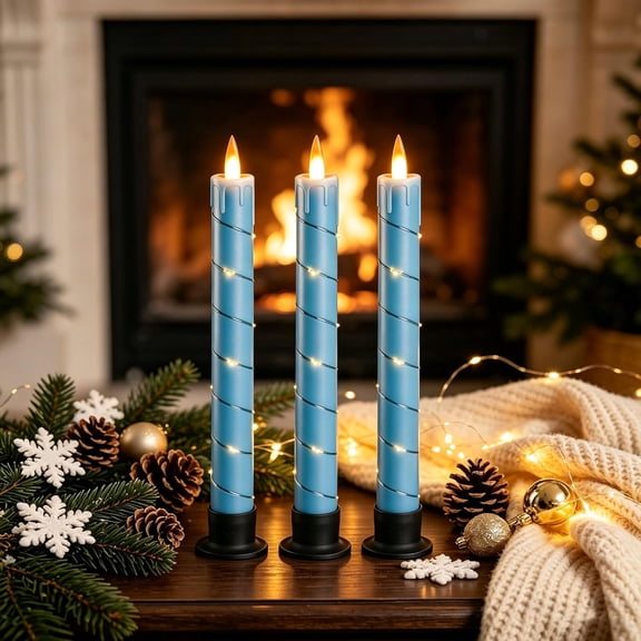 BDIUA-3 Pack Blue Dripping Wax Flameless Candles, Realistic Dynamic Flame LED Taper Candles with Surrounding Fairy String Lights, Remote Control Battery Operated Candles for Home Wedding Holiday Deco