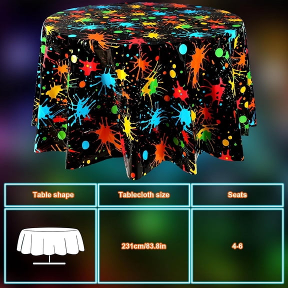 BDIUA-3 Pack Glow Party Table Covers Neon Round Tablecloths 84 84 Inch Disposable Plastic Paint Splatter Birthday Party Table Cloth for Glow in The Dark Black Light Supplies