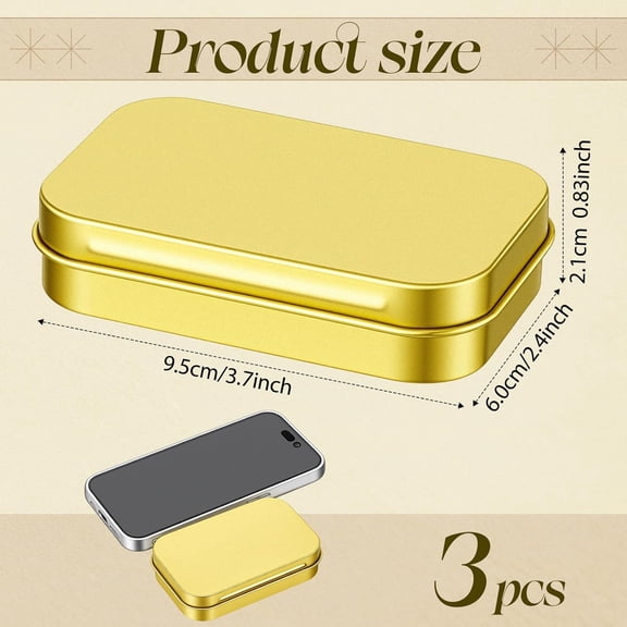 BDIUA-3 Pack Metal Rectangular Empty Hinged Tins 3.75 x 2.45 x 0.8 Inch Box Containers with Lids Mini Portable Box Small Storage Kit, Home Organizer (Gold)