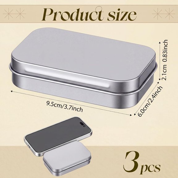 BDIUA-3 Pack Metal Rectangular Empty Hinged Tins 3.75 x 2.45 x 0.8 Inch Box Containers with Lids Mini Portable Box Small Storage Kit, Home Organizer (Silver)