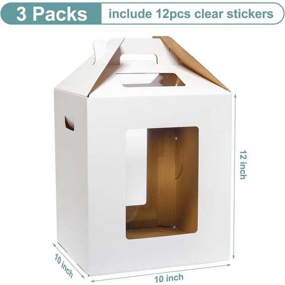 BDIUA-3 Pack Tall Cake Boxes for Tier Cakes 10x10x12 Inch Disposable Layer Tall Cake Baking with Window Large Tierd Bakery Take Out Transport Containers with Handle for Wedding, Birthday, Party