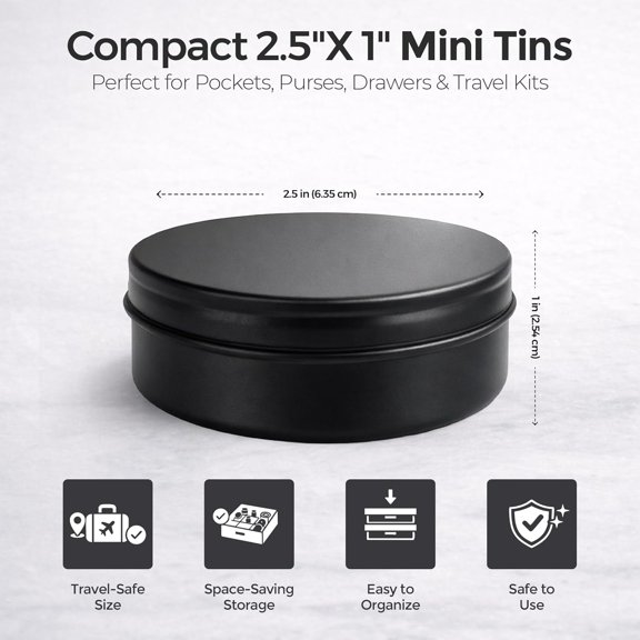 BDIUA-3 Pcs, Metal Tin Round Container, Mini Portable Small Storage Container Kit with Twist Lid for Home Storage 2.5x1 Inch, Black