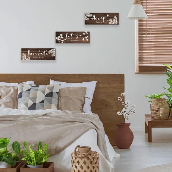 BDIUA-3-Piece Farmhouse Bathroom Accessory Set - Rustic Brown Wooden Wall Signs with Positive Words, Vintage Country Decor for Home Laundry Room (12x4 Inch)