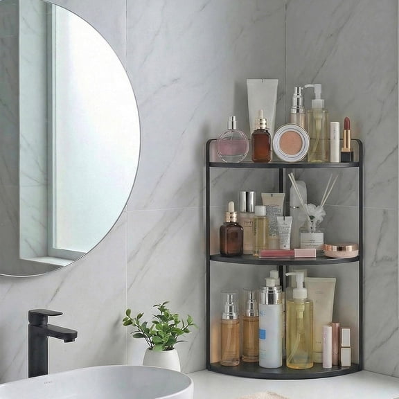 BDIUA-3 Tier Corner Bathroom Counter Organizer, Countertop Organizer, Makeup Organizer Countertop, Bathroom Storage Sink Shelf, Wooden and Metal Counter Shelf (Large Capacity-Black)