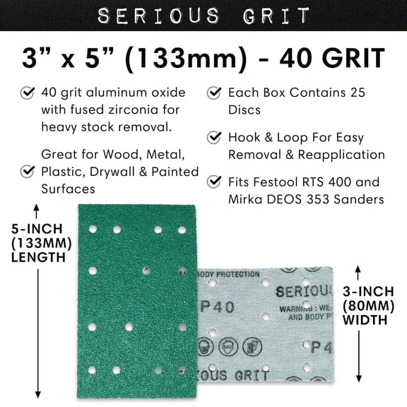 BDIUA-- 3" x 5" (80mm x 133mm) 14-Hole 40 Grit Sanding Sheets - Fits Festool RTS 400 & Mirka Deos 353 - Heavy-Duty Hook & Loop Film Abrasives - Sandpaper for Sheet Sanders - 25 Pack Box