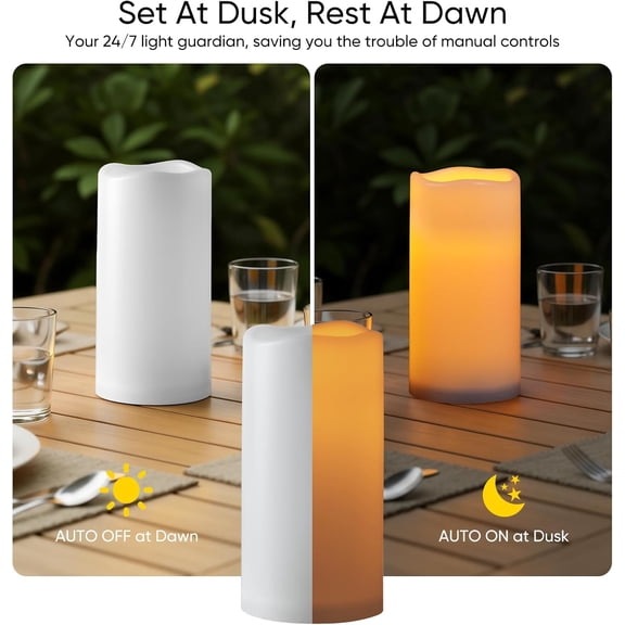 BDIUA-3"x6" Outdoor Waterproof Flameless Candles-Auto Light Sensor Dusk to Dawn, 2Pcs Flickering LED Candle, Battery Operated Electric Fake Pillar Candle for Garden, Porch, Patio, Lantern Decor