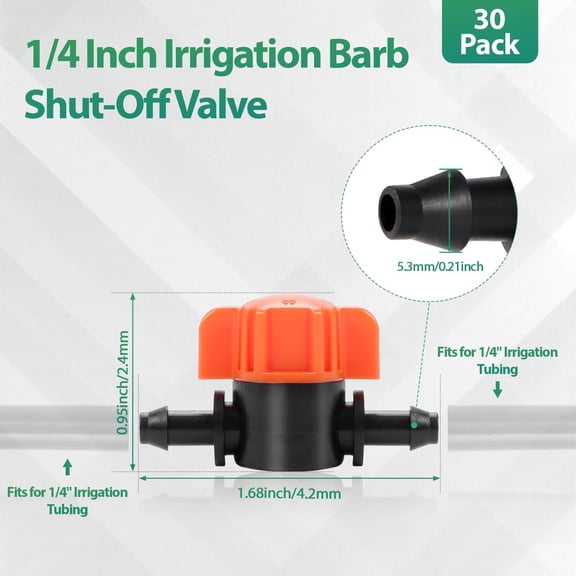 BDIUA-30 Pack 1/4" Drip Irrigation Shut Off Valves, in-Line Barbed Ball Valve for 1/4 Inch Drip Irrigation Tubing Anti-Drop Drip Line Water Flow Control Valve Parts for Garden Irrigation System