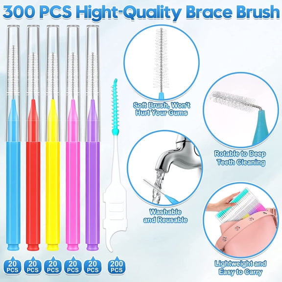 BDIUA-300 Pcs Interdental Brushes for Braces, 6 Size Soft and Bendable Braces Brush for Cleaning, Toothpick Dental Tooth Flossing Head Oral Dental Hygiene Flosser Teeth Gum Braces Tooth Cleaning Tool