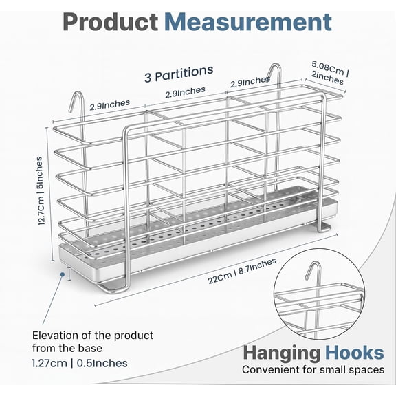 BDIUA-304 Stainless Steel Utensil Drying Rack with Hooks & 3 Divided Compartments, Silverware Drying Basket, Spoon and Fork Organizer, Rustproof Kitchen Drainage Basket Accessories, Silver, 2x8.7x5