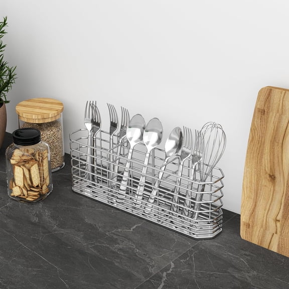 BDIUA-304 Stainless Steel Utensil Holder, Dish Drying Rack, Kitchen Utensil Organizer, Knife and Fork Drainage Rack, Kitchen Drainage Basket Accessories, with Hooks, Rust Proof