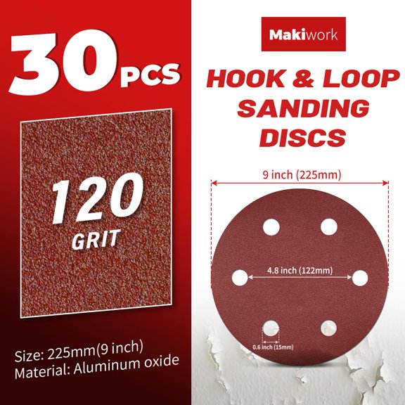 BDIUA-30PCS 9-Inch 6-Hole 120 Grit Hook & Loop Sanding Discs Heavy-Duty Aluminum Oxide Sandpaper for Drywall Sander, Paint Removal, Wood & Metal Surface Prep