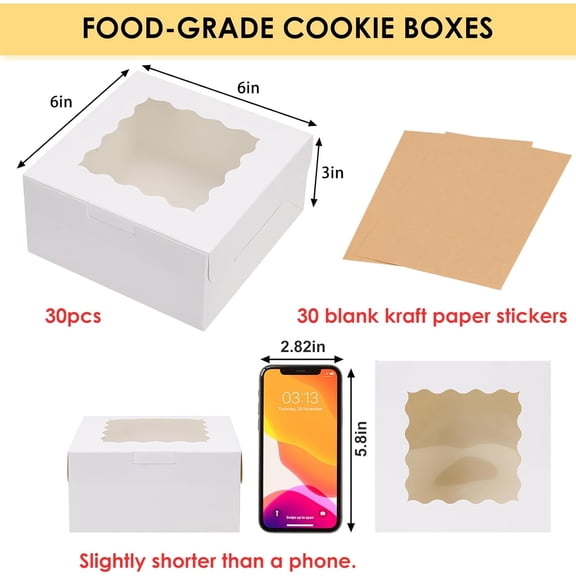BDIUA-30pcs White Cookie Boxes with Window, 6x6x3 Inches, Bakery Boxes for Cookies, Pastry,Strawberries, Small Pie, Macarons