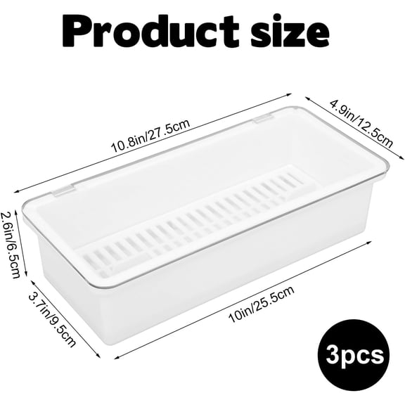BDIUA-3Pcs Flatware Tray with Lid and Drainer, Plastic Silverware Storage Container for Kitchen Drawer and Countertop, Dishwasher-Safe Covered Cutlery Utensil Holder for Home RV Camping & Travel