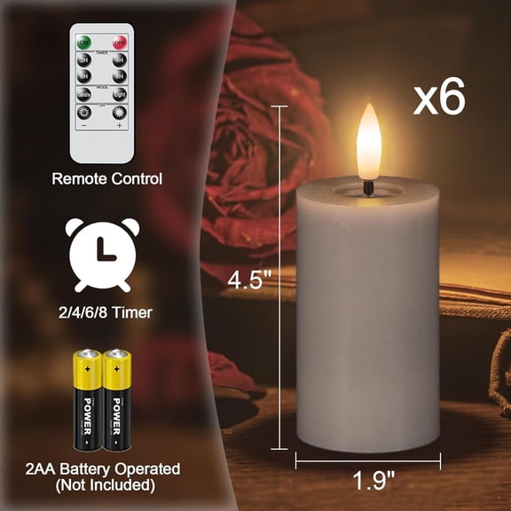 BDIUA-4.5" Battery Operated Flameless Candles with 10-Key Remote and Timer 6 Pack Small Grey Real Wax LED Pillar Candles 3D Wick Flickering Warm Light Wedding Dinner Holiday Decor