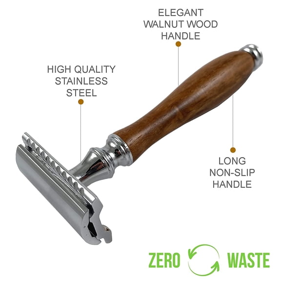 BDIUA-(4.5 Inch) Long Wood Handle Safety Razor for Men Women - Double Edge Manual Razor - Fits All Double Edge Razor Blade - Comes With 5 Shaving Blades, Brown