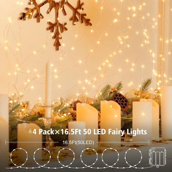BDIUA-4 Pack 16.5Ft 50LED Fairy Lights Battery Operated with Remote Control Timer 8 Modes, Waterproof Twinkle String Lights for Bedroom Wedding Xmas Tree Outdoor DIY Decor (Warm White)
