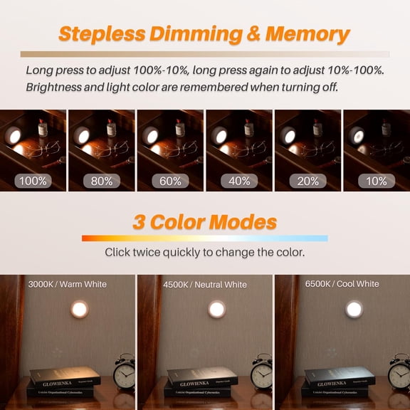 BDIUA-4 Pack 3.1 Dimmable Push Tap Lights, Stick on LED Touch Puck Lights AA Battery Operated, 3 Color Modes Sticky Button Lamps for Classroom, Kitchen, Under Cabinet, Closet