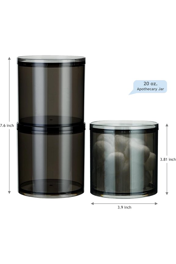 -4-Pack Large 20oz Black Stackable Qtip Holder - Translucent Apothecary Jars with Storage Lids - Modern Bathroom Countertop Organizer for Cotton Balls, Pads, & Salts