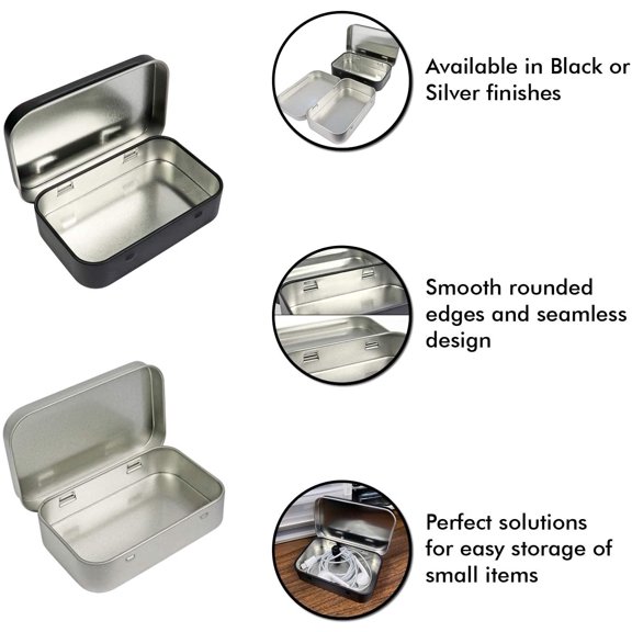 BDIUA-4 Pack Metal Rectangular Empty Hinged Tins Box Containers 3.75 by 2.45 by 0.8 Inch Silver & Black Mini Portable Box Small Storage Kit Home Organizer (2 Black 2 Silver)