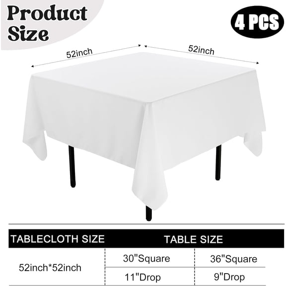 BDIUA-4 Pack Square Table Cloth 52x52 Inch White Tablecloth Machine Washable Fabric Polyester Table Cover for Dining, Buffet Parties, Picnic, Events, Weddings and RestaurantsWhite