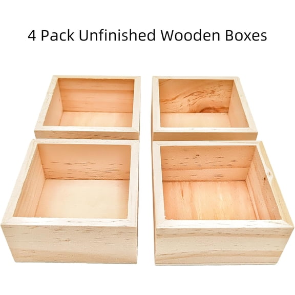 BDIUA-4 Pack Unfinished Wooden Craft Storage Organiser Boxes, 3 x 3 x 1.6 inch Small Square Wood Box, Rustic Natural Wood Container Box for Home Venue Decor