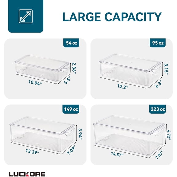BDIUA-4 Piece Refrigerator Organizer Bins, Clear Fridge Organizers and Storage, Stackable with Lids, Food Storage Containers for Fruit, Vegetable, Drinks, Cereals