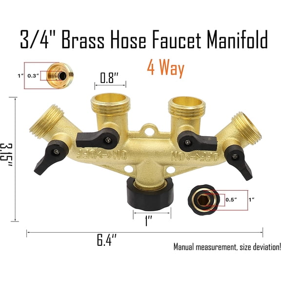 BDIUA-4 Way Brass Hose Splitter, 3/4" Hose Faucet Manifold, Garden Hose Connector, Tap Splitter, Solid Brass (Golden Yellow)