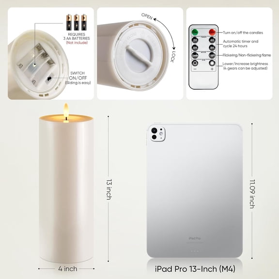 BDIUA-4'' X 12'' Large Waterproof Outdoor Flameless Candle, Battery Operated LED Candles with Remote Control and Timer, Electric Fake Plastic Pillar Candles, Ivory