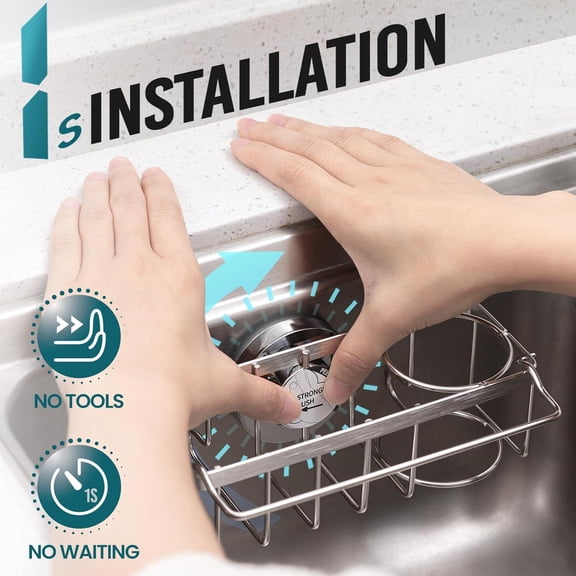 BDIUA-4-in-1 Sponge Holder for Kitchen Sink with Strong Suction Cup Removable, Rustproof Stainless Steel Sink Caddy for Sponge, Brush, Scrubber, Scraper -Silver