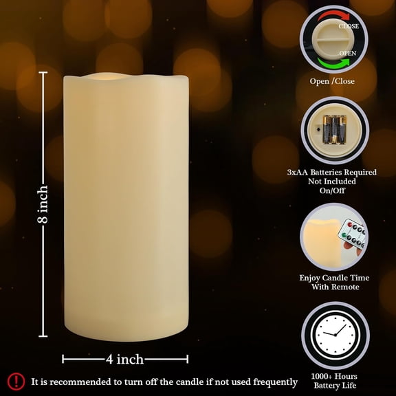BDIUA-4" x 8" Waterproof Outdoor Flameless Candles with Remote and Timer, Battery Operated LED Flickering Plastic Pillar Candles for Lantern, Wedding, Porch, Ivory, Pack of 1