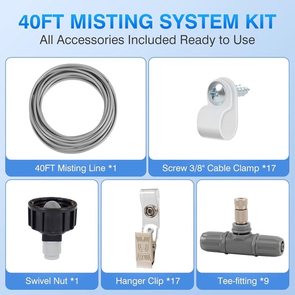 BDIUA-40FT Misters for Outside Patio - 9 Mist Nozzles & 3/4'' Adapter, Water Misters for Cooling Outdoor, Easy to Install, Misting System for Patio, Pool, Garden, Waterpark, Trampoline, Greenhouse