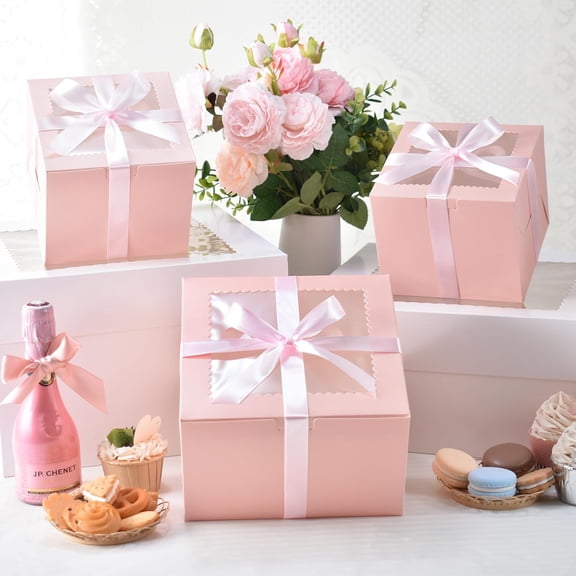 BDIUA-40pcs 6x6x5 inch Mini Cake Boxes with Cake Boards (20 Boxes & 20 Boards), Pink Bakery Box with Window for Treat Dessert Pastry Donuts Macaroon Strawberries Chocolate Candy